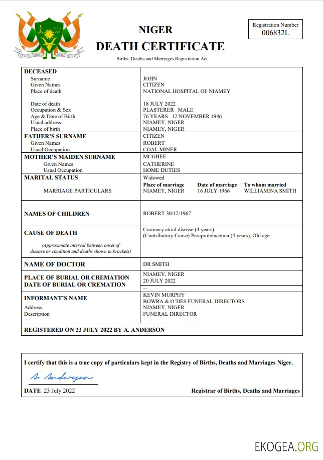 Modèle Word et PDF d'acte de décès du Niger
